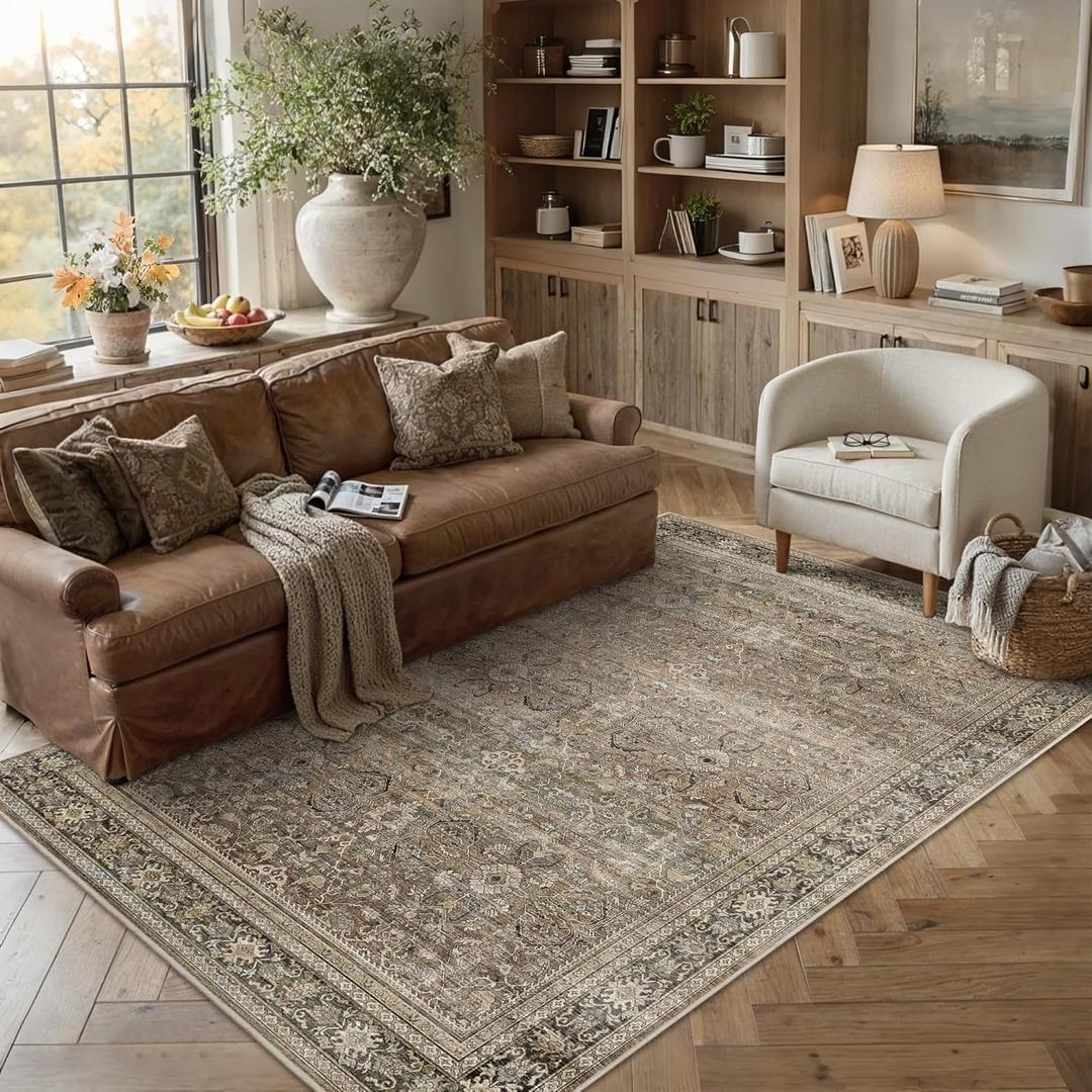Schweek 6x9 Brown Area Rug Washable Neutral Vintage Distressed Living Room Rugs Large Non Slip Low Pile Soft Floral Carpet Stain Resistant Throw Rug for Bedroom Dining Room Kitchen Office Nursery