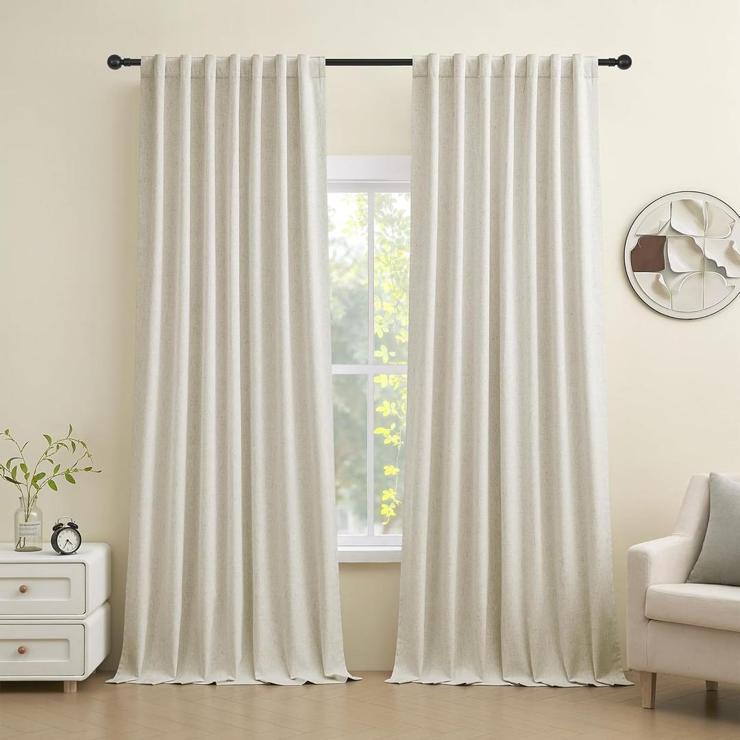 Novecozy Heavyweight 100% Blackout Curtains 96 Inch Long, Linen Textured Full Black Out Thermal Insulated Back Tab/Rod Pocket Light Blocking Window Drapefor Bedroom Living Room,2 Panels Set, Beige