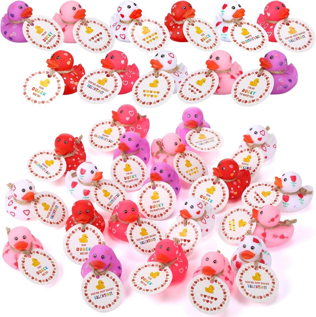 Jerify 24 Pcs 2 Inch Valentines Ducks for Kids Classroom Exchange Gifts Valentine's Day Rubber Ducks with Gifts Cards Mini Heart Rubber Duckies Valentines Party Favors Toys, 6 Styles (Colorful)