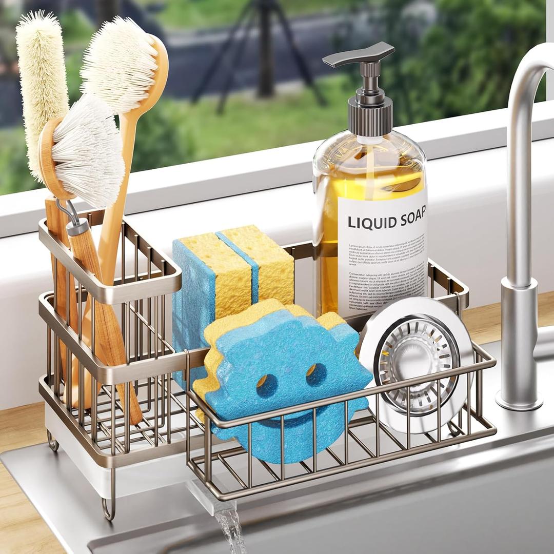 Consuemst Sponge Holder for Kitchen Sink - Auto Draining Sink Caddy Organizer with Detachable Rack, High Brush Holder, Kitchen Countertop Storage Accessories, Sand Nickel