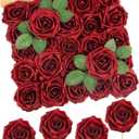 N&T NIETING Artificial Flowers Glowing Red Flowers Foam 25pcs Glitter Roses Real Looking Fake Roses with Stem for DIY Wedding Bouquets Centerpieces Bridal Shower Party Home Decorations