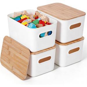 Citylife Storage Bins with Bamboo Lids 7QT Plastic Storage Containers Stackable Organizer Boxes with Handle for Desk Snacks, Toys, 4 PCS, 10" L x 7" W x 5.8" H