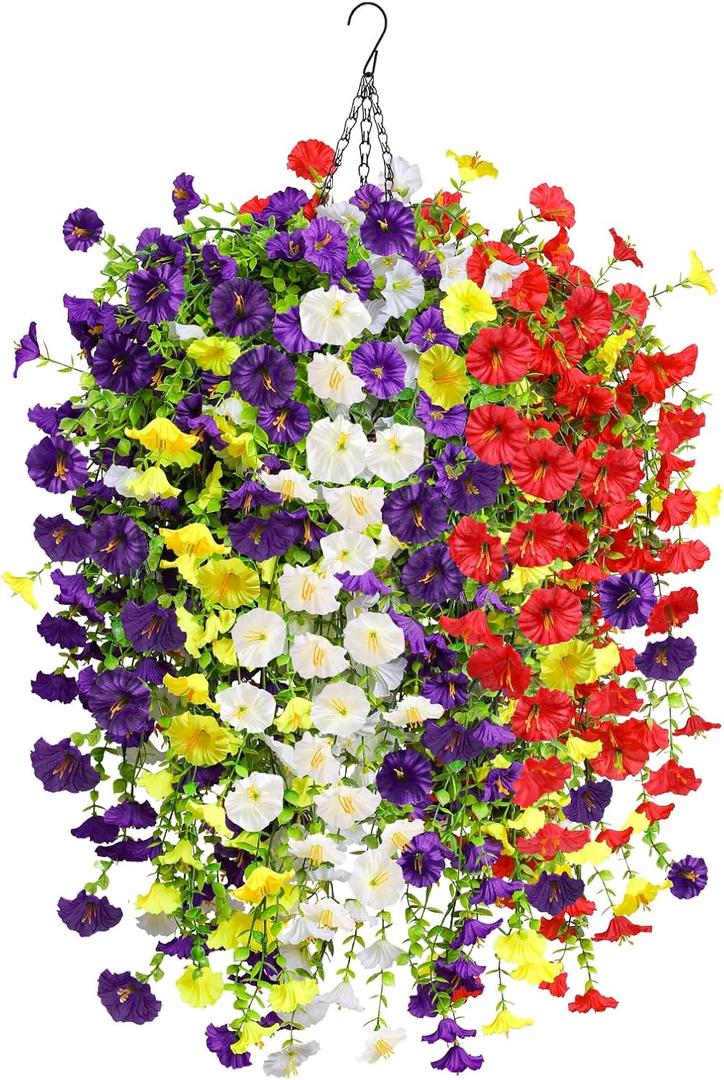 INQCMY Artificial Flowers for Outdoor Spring Summer Decoration Faux Silk Morning Glory Fake Hanging Flowers UV Resistant Look Real for Home Porch (10Pcs Purple&red&White&Yellow+1 Baske)