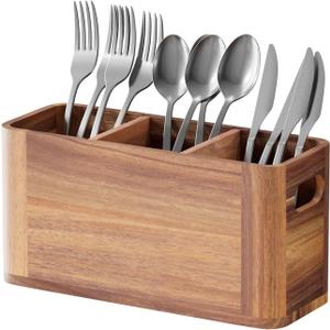 Silverware Holder, Acacia Wood Utensil Holder for Party, Silverware Organizer Countertop, Picnic Caddy for Party, Countertop, Camping