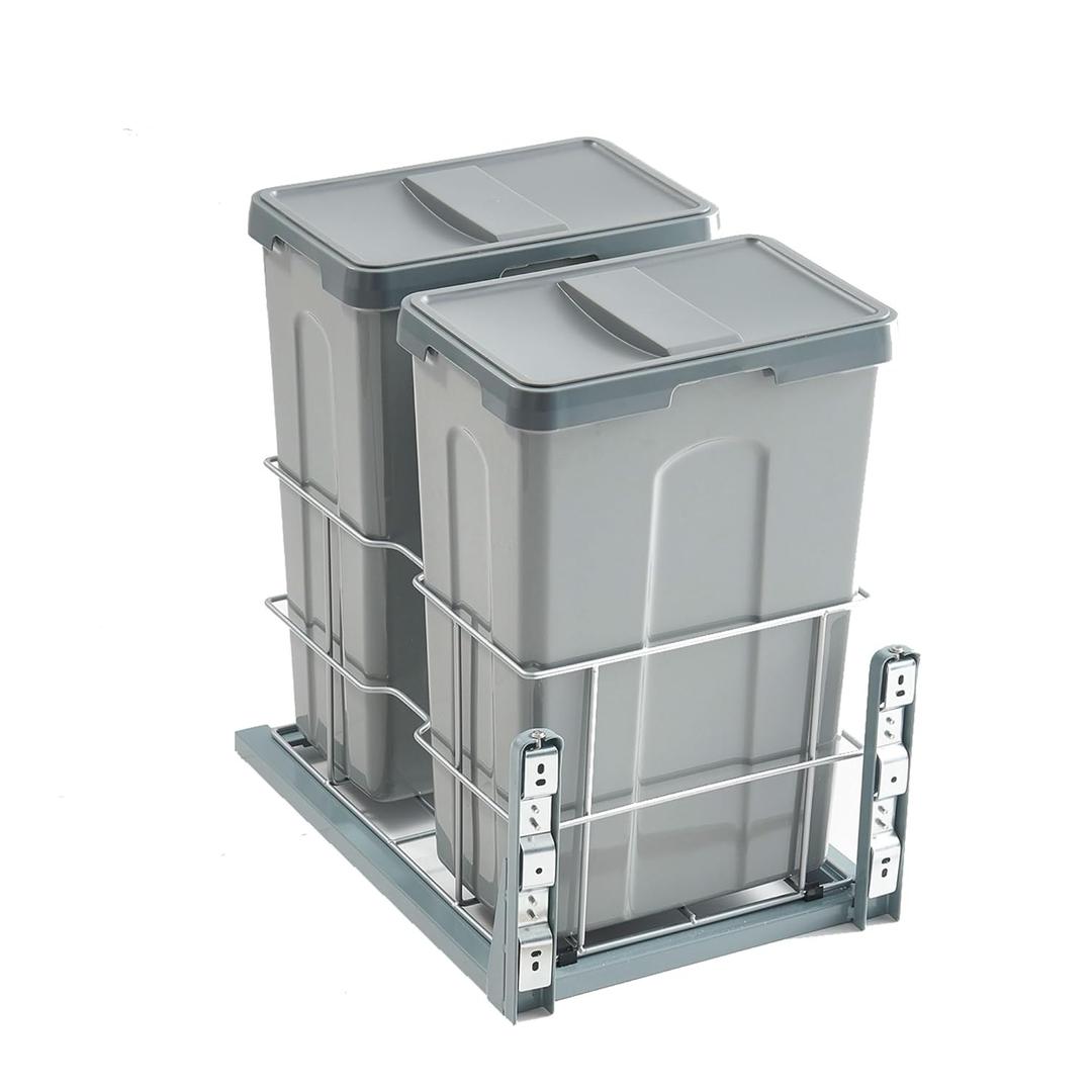 HANKEY Pull Out Trash Can Under Cabinet, Double Pullout Waste Container Recycling Bin, Slide Out Compartment Hidden Trash Bin for Kitchen Garbage Soft Close with Lids& Door Fittings,Total 47Qt