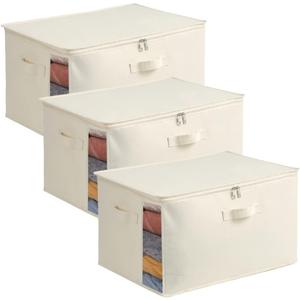 3-Pack Large Canvas Comforter Storage Bags for Clothes Sweater Clothes Organizer with Dual Zipper Three Carrying Handles for Blanket Closet Storage Container (Natural color)