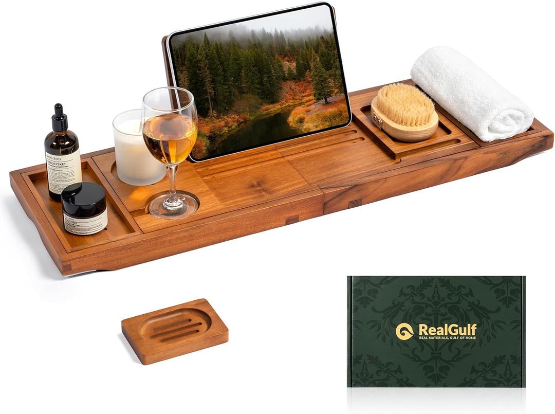 Teak Bathtub Tray, Bath Caddy with Wine Glass Holder, Phone Dock & Book Stand | Hands-Free Reading & Ultimate Spa Relaxation Experience-Natural (Classic Teak Finish)