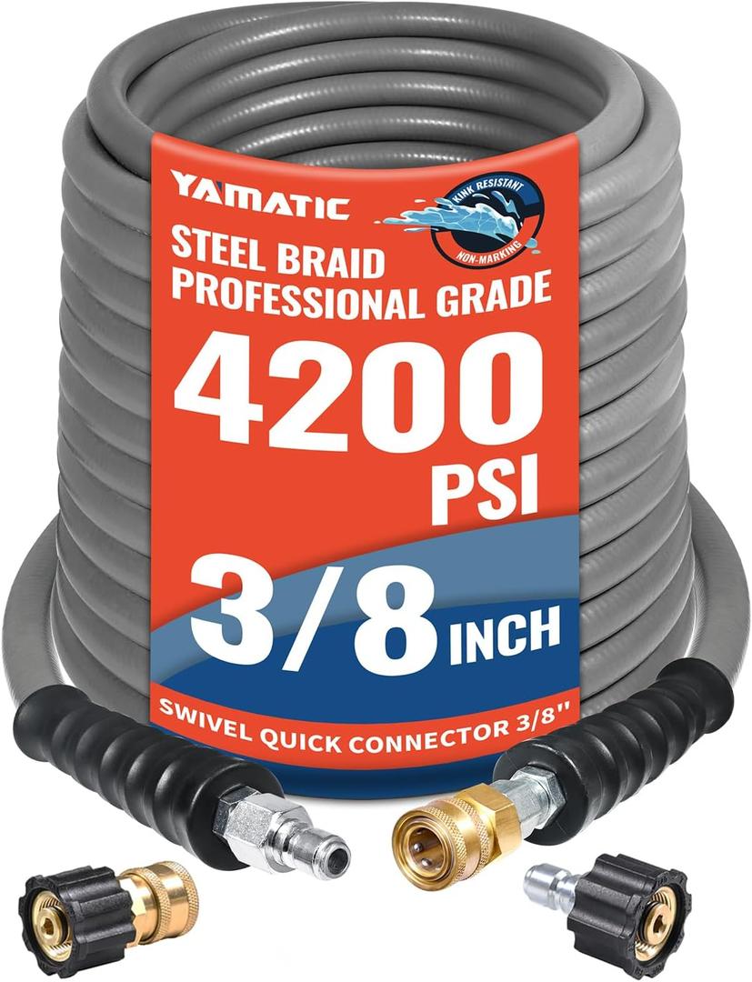 YAMATIC Non Marking 3/8" Pressure Washer Hose 100FT 4200 PSI, Kink Resistant Swivel 3/8" Quick Connect, Rubber Steel Braided Wear Resistant Industry Grade for Hot/Cold Water Gas Power Washer