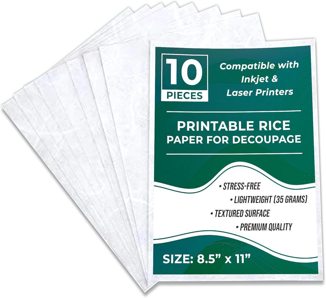 Printable Rice Paper Sheets I Decoupage Paper for Inkjet and Laser Printer I Craft Supplies I 8.5x11, 30-35GSM (10)