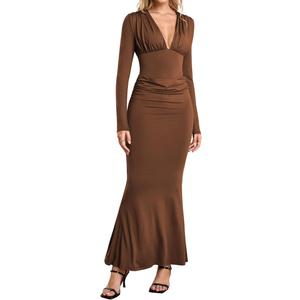 Long Sleeve Maxi Dress Deep V Neck Ruched Bodycon Elegant Semi Formal Wedding Guest Dresses for Women 2025 (Brown)