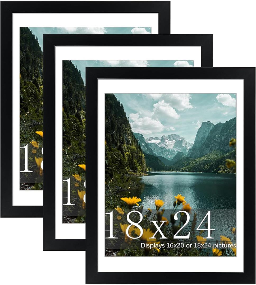 Picrit 18x24 Picture Frame 3 Pack, Black Poster Frame, Display Poster 16 x 20 with Mat or 18 x 24 without Mat for Horizontal or Vertical Wall Mounting