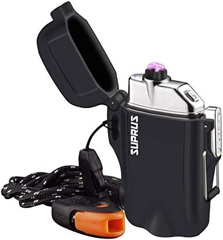 SUPRUS Waterproof 3 Modes of Flashlight Windproof Lighter Dual Arc Electric Rechargeable Dual Arc Plasma Lighters with Survival Emergency Whistle and Lanyard (Black)