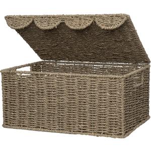 StorageWorks Wicker Storage Basket with Scalloped Edge Lid, Wicker Basket with Built-in Handles, Handwoven Seagrass Box for Dcor, 13" L x 9 " W x 6" H
