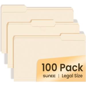 SUNEE Manilla Folders Legal Size (14 x 8.5 inches),100 Per Box, Durable Paper File Folders with 1/3 Cut Tab for Office, Legal Documents, Filing, and Organizing