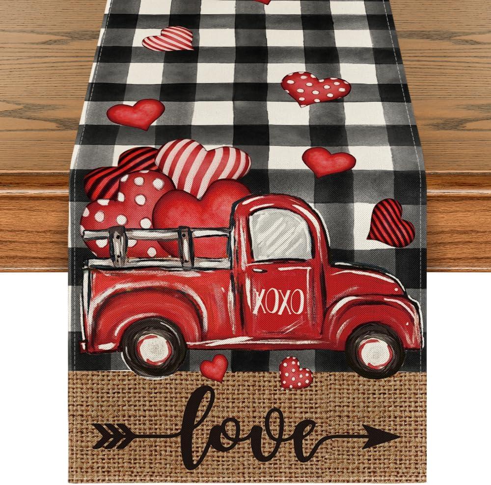 Artoid Mode Watercolor Buffalo Plaid Hearts Truck Love Valentine's Day Table Runner, Seasonal Anniversary Wedding Holiday Kitchen Dining Table Decoration for Indoor Outdoor Home Decor 13 x 90 Inch