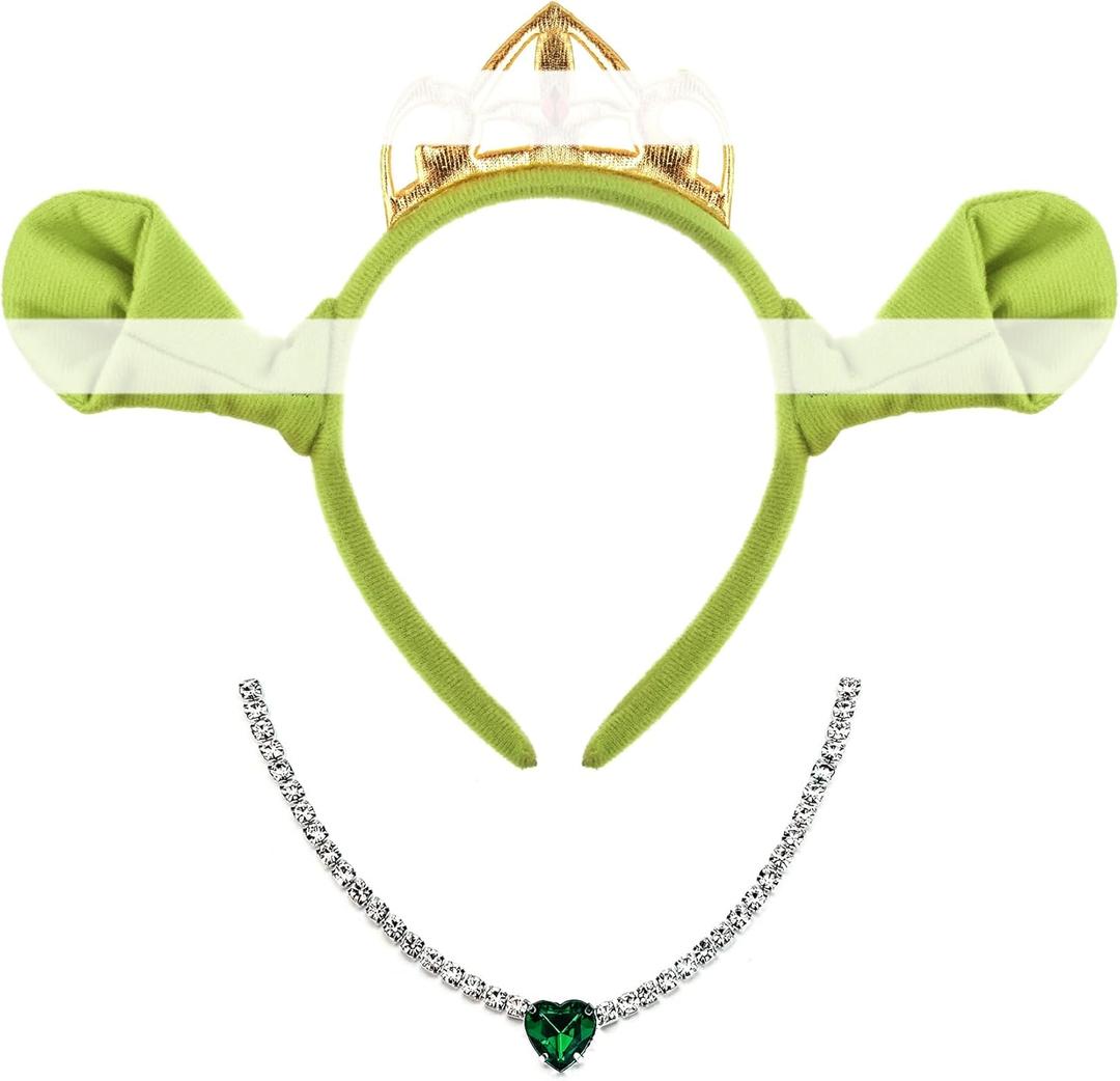 2 x Women Green Monster ears Headband Crown Love necklace Halloween costume accessories photo props