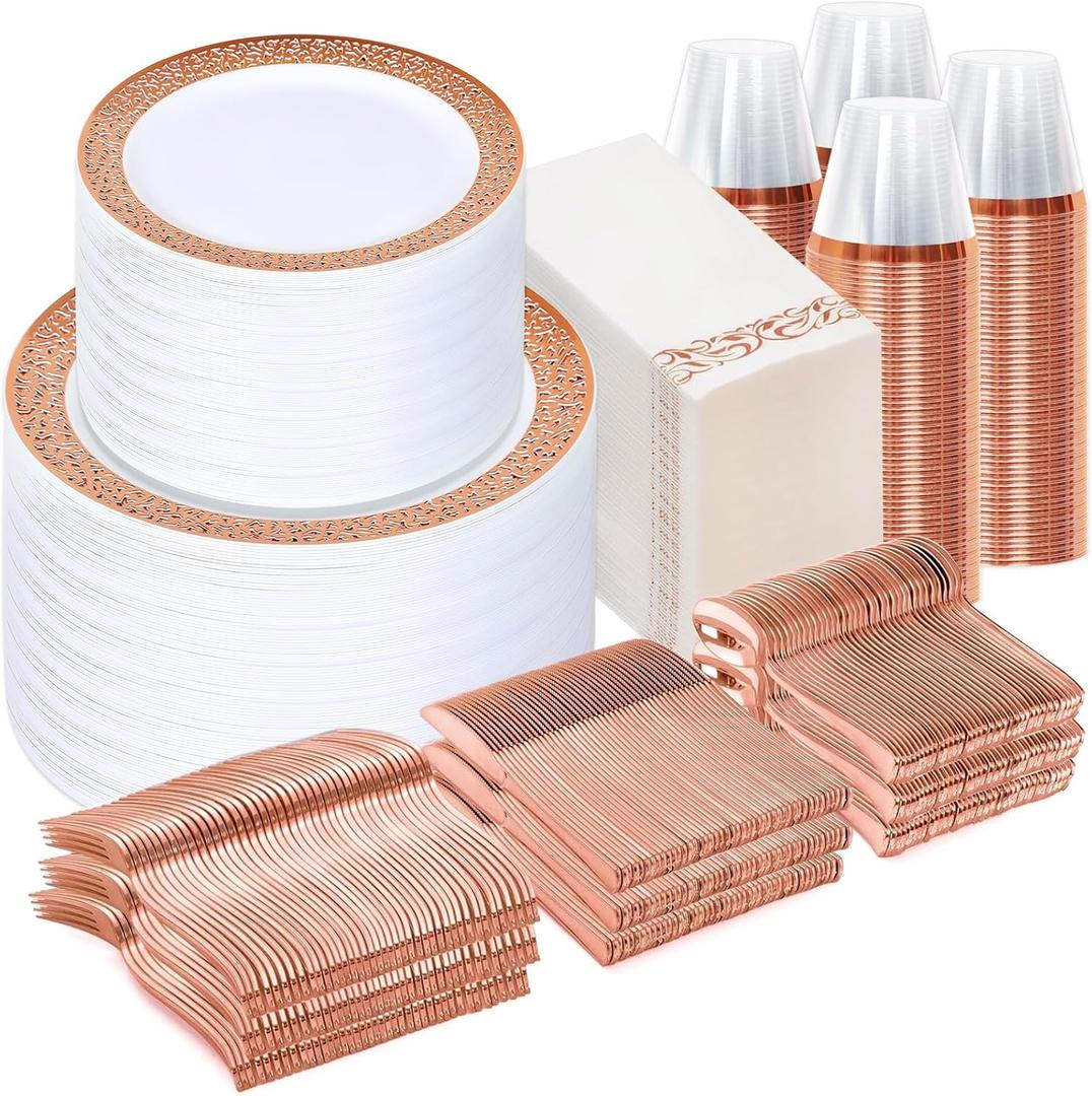 Sylans 700PCS Rose Gold Lace Disposable Dinnerware Set for 100 Guests