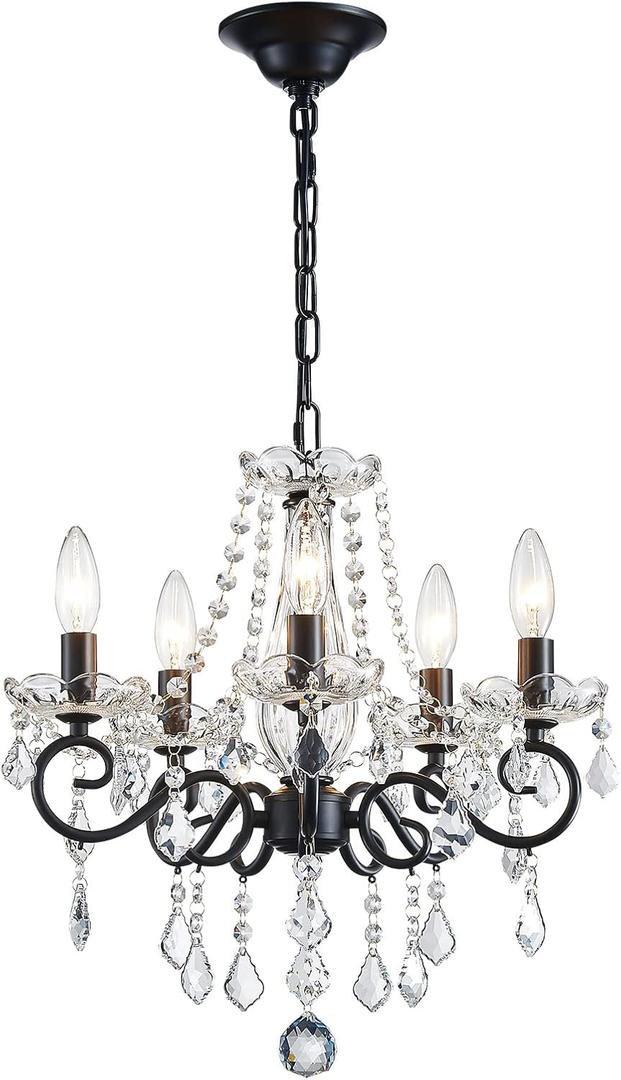 ANJIADENGSHI Small Crystal Chandelier, Modern Black Chandelier Dining Room Light Fixture, Mini Crystal Pendant Light for Bedroom Ceiling Light Fixture for Living Room Entryway Kitchen Island Hallway (16.5" High 17" Wide)
