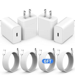 20W USB C Fast Charger Plug Power Adapter with 6FT Phone Fast Charger Cable for Phone 17/16 Pro/16 Pro Max/15 Pro/15 Plus/iPad Pro Air (4PCS-C-C)