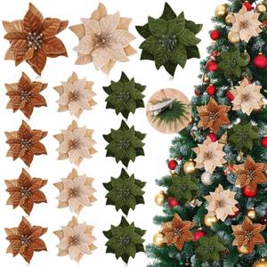 Thiccywoov 12 Pcs Artificial Neutral Christmas Poinsettia Flower Velvet Christmas Flower 5.9 Inch Faux Poinsettia Picks Christmas Tree Wreath Ornaments for Christmas Tree Wedding Decor (Multicolored)