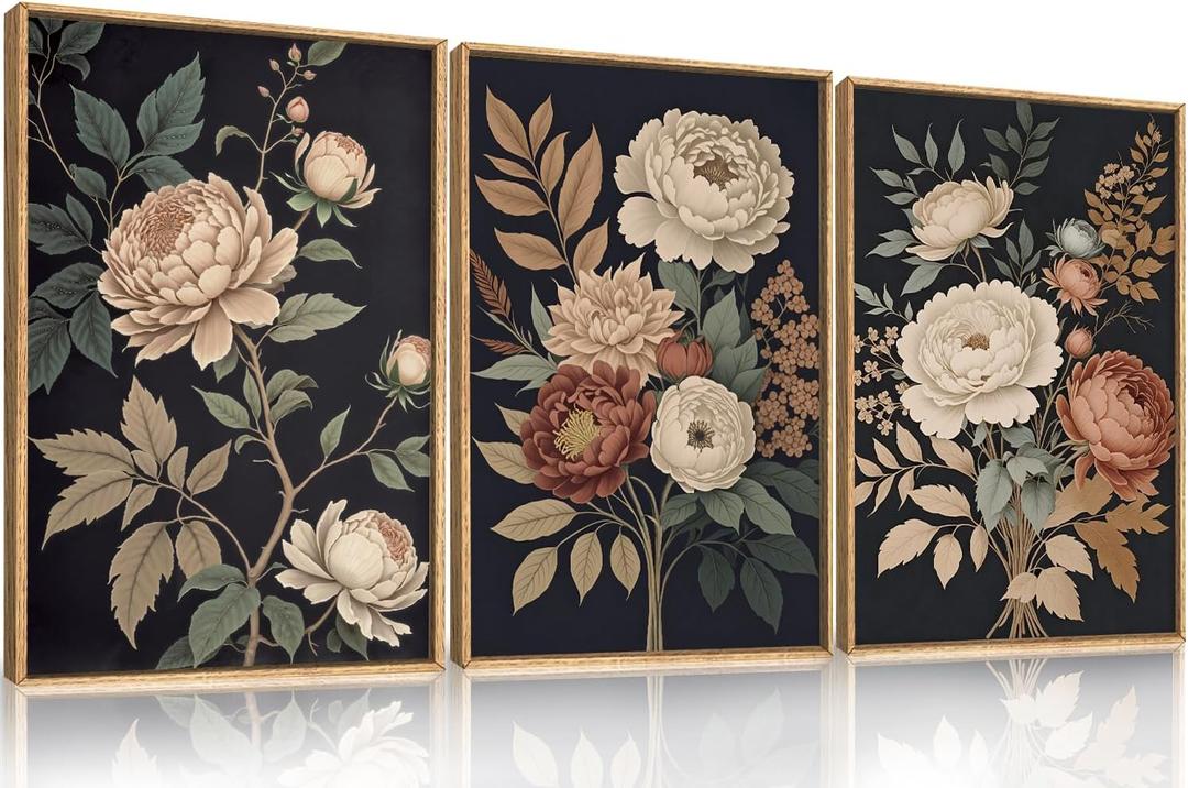 HOURIA Large Moody Dark Flower Framed Canvas Wall Art,Retro Beige Red Peony Wall Decor,Vintage Textured Blossom Botanical Artwork,Natural Wildflower Art Print for Living Room,Bedroom,Office-16 x24 x3