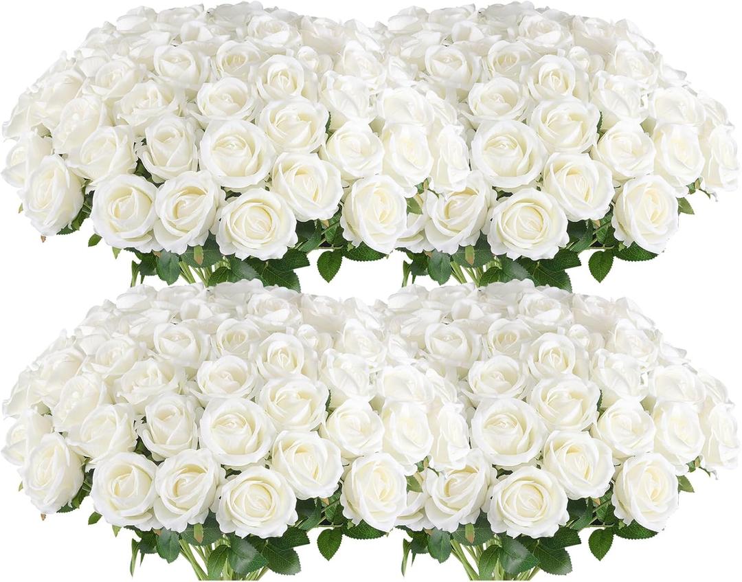 Hananona Artificial Roses in Bulk, Fake Silk White Roses Realistic Roses for Wedding Centerpieces Flower Arrangement Home Decor (100, White)