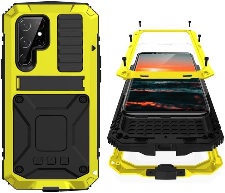 Compatible with Samsung S23 Ultra Metal Military Case with Stand Screen Protector Camera Protection Rugged Heavy Duty Shockproof Full Body Cover Tough Dustproof for Men (Yellow)