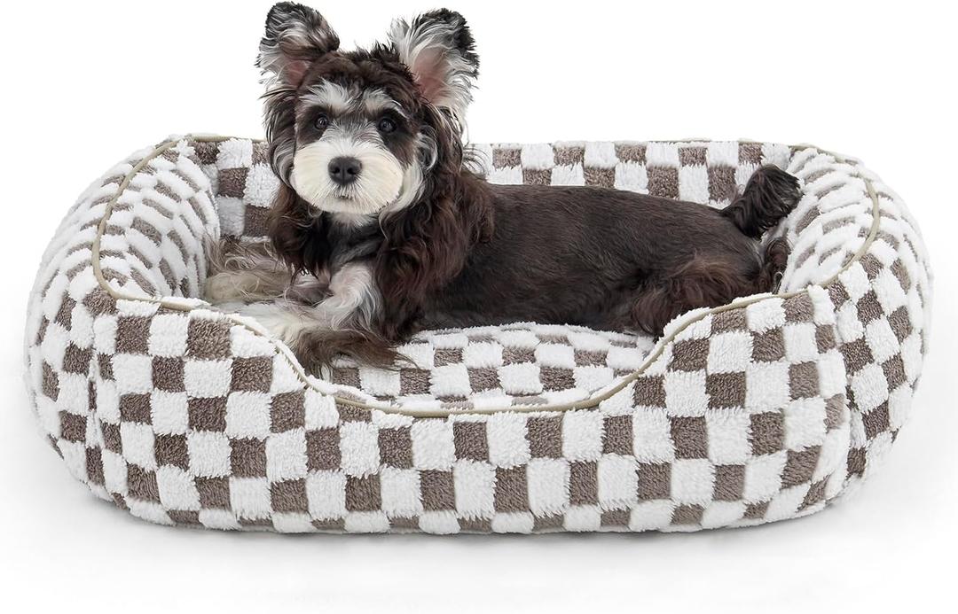 JOEJOY Dog Beds for Small Dogs -Cute Cat Beds for Indoor Cats Calming Pet Beds, Rectangle Orthopedic Cuddle Puppy Bed with Jacquard Shaggy Plush & Anti Slip Bottom, 20x19x6inches, Cofffee (Coffee)
