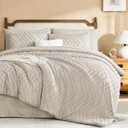 Litanika King Size Comforter Set with Sheets Beige - 7 Pieces Bed in a Bag King Chevron Tufted Boho Luxury Bedding Sets with Comforter, Sheets, Pillowcases & Shams (Dark Oatmeal)