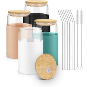 sungwoo Glass Cups with Lids and Straws, 4 Pack 16OZ Iced Coffee Cups with Silicone Sleeve, Glass Tumbler with Straw and Bamboo Lid, Home Essential Drinking Set for Juice, Cocktail and Latte 4 Colors