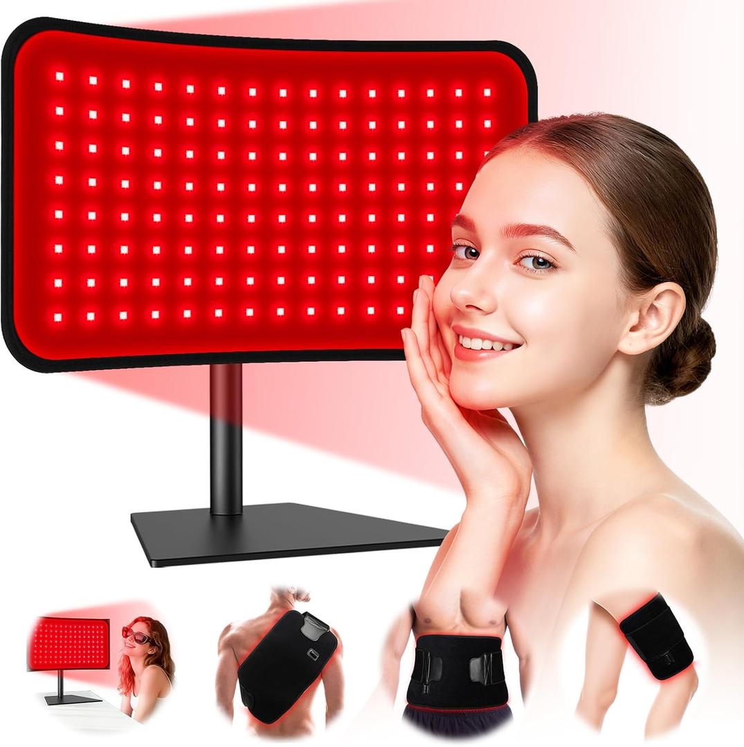 Red Light Therapy for Face Body, 2-in-1 Red Light Panel Device with Belt, 660nm & 850nm Near Infrared Light Therapy Lamp with Remote Control, 5 Adjustable Brightness & Timer for Skin Care, Relaxation (Black)