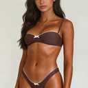 Women Halter String Bikini Set Floral Print Sexy Thong Cheeky Two Piece Swimsuits Lace Trim Bow Bathing Swimwear (Brown, L)