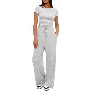 Darong Women's 2 Piece Outfits Lounge Sets Ruched Short Sleeve Tops High Waisted Wide Leg Pants Tracksuit Sets (Medium)