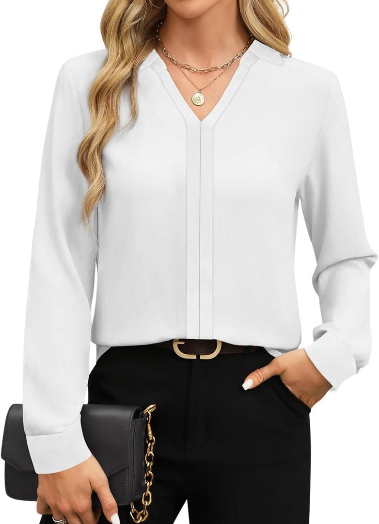 Womens Tops Dressy Casual Long Sleeve Business Casual Collared T Shirts V Neck Knit Work Blouses Loose Fit 2025 Fall (White, XXL)