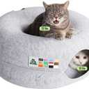 Cattasaurus Peekaboo Cat Cave Donut for Multiple & Large Cats up to 30-45 lbs, 3-in-1 Self Warming Cat Bed, Tunnel & Scratcher for Indoor Cats, Washable & Detachable Small Dog Bed (Light Gray, Large)