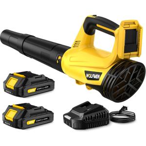 Leaf Blower, Electric Cordless Leaf Blower with 2 Batteries and Charger, 2 Speed Mode, Lightweight Cordless Blower for Blowing Leaves, Patio Cleaning, Blowers for Lawn Care and Dust (Yellow)