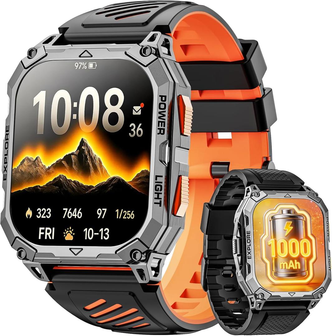 Smart Watches for Men, 2.01" HD Military Smart Watch with 1000mAh High-Capacity Battery/Led Flashlight/Answer/Make Call/Heart Rate/Sleep Monitor/Step Tracker, Fitness Tracker for Android/iPhone (orange-black)