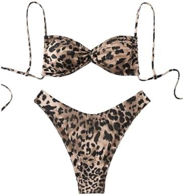 GORGLITTER Women's Cheetah High Cut Thong Bikini Sets Leopard Triangle String Swimsuits 2 Piece Animal Print Bathing Suit L