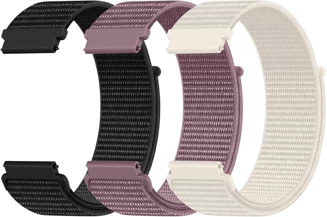 DaQin 22mm 20mm 18mm Quick Release Watch Band Compatible with Garmin Venu 3 2/Forerunner 255 265 955/Vivoactive 5 6 4 3, Nylon Watch Straps Adjustable Sport Replacement for Samsung Galaxy Watch 7 6 5 4/3 45mm/Galaxy Watch 46mm Men Women, 3 Packs (Black/Smoky Purple/Starlight)