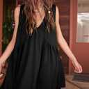 OPCAKM Women's V Neck Sleeveless Mini Dress Loose Summer Pleated Swing Flowy Sundress (Black, S)
