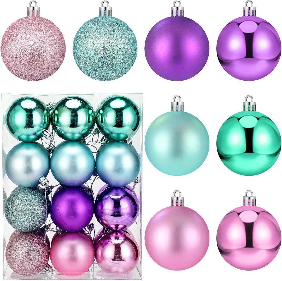 Syhood 24 Pcs Glittering Pastel Christmas Ball Ornaments Candy Pink Aqua Teal Purple Ball Set Christmas Tree Decorations 2.4 Inch Glittering Plastic Hanging Decorations for Wedding Party Decoration