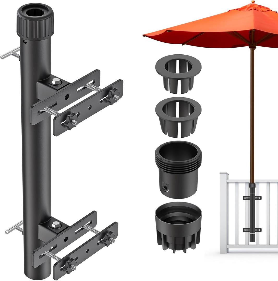 Dolibest Heavy Duty Patio Umbrella Holder, Space Saver Umbrella Holder, Adjustable Umbrella Deck Mount for Railing, Full Welded Construction-Sturdy and Easy to Install for Patio, Deck, Poolsid (Black 1 - fit posts 2-1/5-inch to 5-1/2-inch wide)