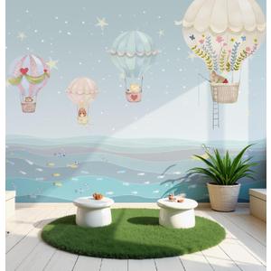 ASJ Kids Nursery Peel and Stick Wallpaper Mural, Hot Air Balloon Bear Blue