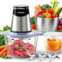 Food Processors Electric Food Chopper with Meat Grinder & Vegetable Chopper - 3 Bowls(8Cup+8Cup+3Cup) with Powerful Copper Motor - Includes 3 Sets of Bi-Level Blades for Fruits/Meat/Nuts