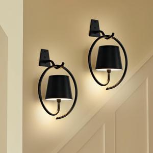 5200mAh Wireless Wall Light, Rechargeable Batttery Operated Wall Sconces Set of 2,3 Color Stepless Dimming Up, Wall Lamp for Battery Operated Lamp for Picture/Bedroom/Living Room/Hallway (Black)
