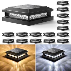 Solar Post Cap Lights 16 Pack, Upgraded Outdoor Fence Post Lights for 4x4 4.5x4.5 5x5 Vinyl/Wood Posts, Black Deck Posts Cap Light Solar Powered with Warm White/Cool White for Garden Patio Porch