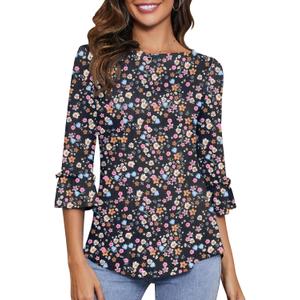 Kistore Womens Tops Dressy Casual 3/4 Length Bell Sleeve Shirts Boat Neck Tunic Blouses (Small Floral)