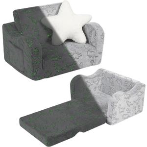 Toddler Couch, 2-in-1 Kids Soft Couch Fold Out with Star Pillow, Foldable Sofa to Lounger, 1-Seat, Glow in The Dark (Medium)