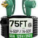 POWGRN NEMA 14-50P to NEMA 14-50R 50 Amp RV/EV Extension Cord 75 FT Outdoor with Grip Handle, Flexible Heavy Duty RV Power Cord Waterproof, 50A 125/250V 6250/12500W STW, Black-Green, ETL Listed