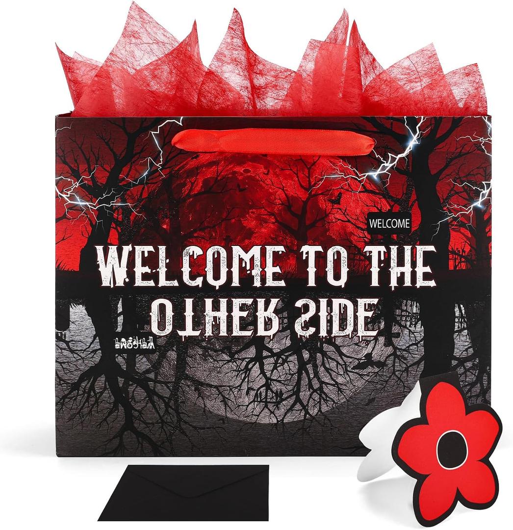 SAVITA Welcome to the Other Side Birthday Gift Bags Set, Themed Favor Bags with Greeting Card Envelope and Crepe Papers for Party Decorations & Halloween Decor